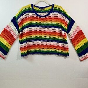 Hers & Mine Crochet Knit Rainbow Bold Color Crop Top Size M/L Boho Hippie